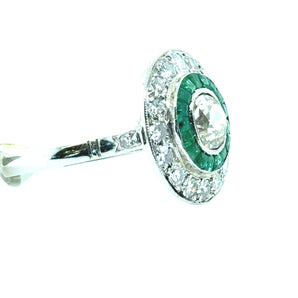 Antique Cushion Cut Diamond and Emerald Ring