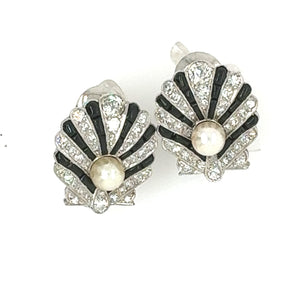 Art Deco Period Pearl, Onyx and Diamond Earrings