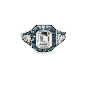 Emerald Cut Diamond Ring with Sapphires