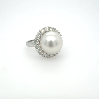 White South sea pearl and diamond ring  on a white background 