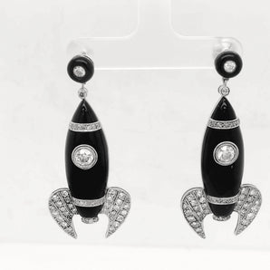 Antique art deco rocket earrings with black onyx, diamonds and platinum. HGM Fine Jewelry