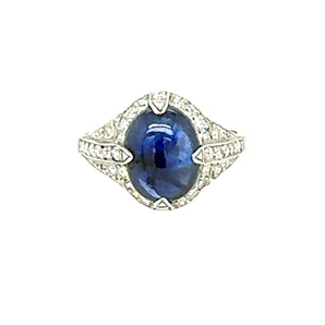 1920s Art Deco cabochon sapphire and diamond ring in platinum – vintage New Orleans estate jewelry