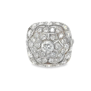 Art Deco diamond platinum filigree ring with antique European cut center stone, vintage New Orleans glamour