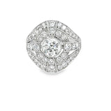 Front view of platinum Art Deco diamond ring with halo design – HGM Jewelry New Orleans