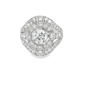 Front view of platinum Art Deco diamond ring with halo design – HGM Jewelry New Orleans