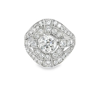 Front view of platinum Art Deco diamond ring with halo design – HGM Jewelry New Orleans