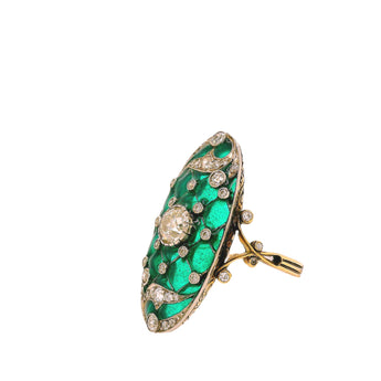 Detailed side view of Art Deco ring band with green enamel and diamonds – HGM Jewelry New Orleans