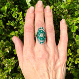 Art Deco green enamel diamond ring worn on hand – statement ring from New Orleans jeweler