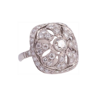 Side profile of platinum filigree diamond ring, showcasing intricate Art Deco detailing and craftsmanship