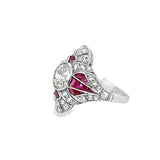 Side angle of vintage ruby and diamond Art Deco platinum ring
