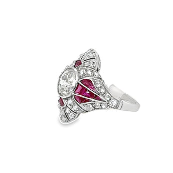 Side angle of vintage ruby and diamond Art Deco platinum ring