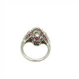 Shank detail of Art Deco platinum ring with ruby and diamond accents