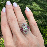 Art Deco diamond and ruby ring worn on hand for scale and fit