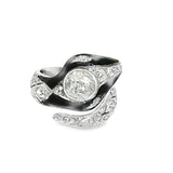 Front view of Art Deco snake diamond ring in platinum with black enamel – HGM Jewelry New Orleans