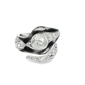 Front view of Art Deco snake diamond ring in platinum with black enamel – HGM Jewelry New Orleans
