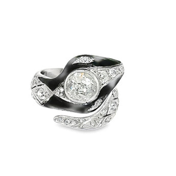 Front view of Art Deco snake diamond ring in platinum with black enamel – HGM Jewelry New Orleans