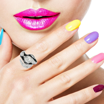 Model wearing Art Deco snake ring with diamond and black enamel – Unique antique ring New Orleans