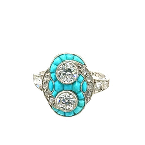 Exquisite Art Deco platinum ring with turquoise and diamonds, front view – New Orleans estate jewelry