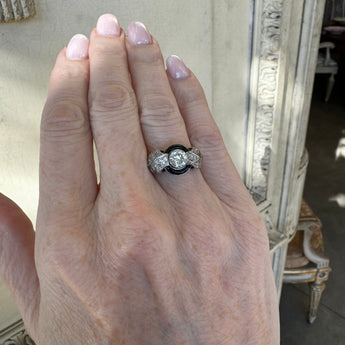 Black onyx and diamond ring worn on hand – vintage Art Deco engagement style in New Orleans