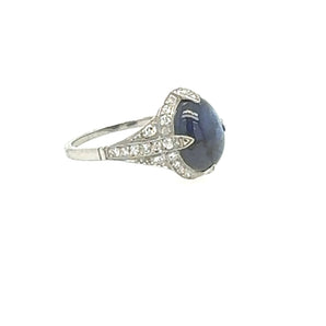 Antique cabochon blue sapphire ring side view – bold Art Deco platinum setting from New Orleans