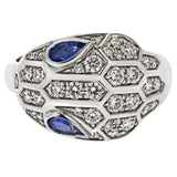 Top view of Bvlgari Serpenti ring showcasing diamond scales and blue sapphire eyes