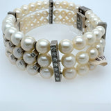 Close-up of diamond clasp on 1950s pearl bracelet – handcrafted vintage jewelry in platinum for New Orleans collectors