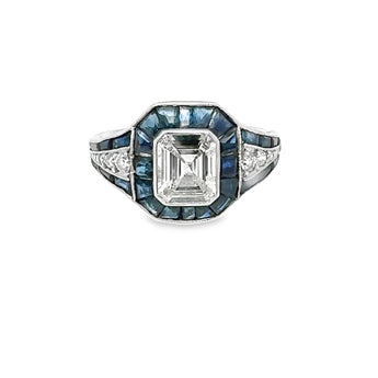 Front view of Art Deco emerald-cut diamond and sapphire ring in platinum – New Orleans estate engagement ring