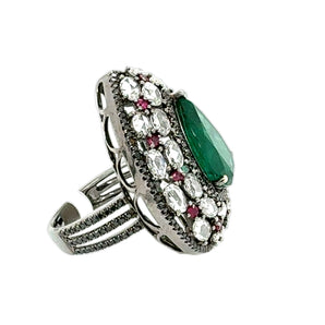Side view of emerald and ruby ring with black rhodium detailing – HGM Jewelry New Orleans