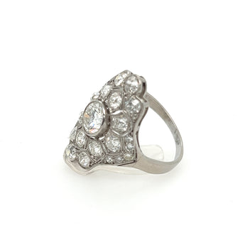 Close-up of Art Deco ring with European cut diamond in platinum setting

