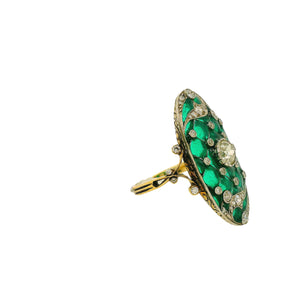 Angled view of green enamel Art Deco ring with diamonds – handcrafted ring from New Orleans