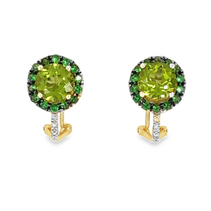 Front view of peridot and tsavorite garnet diamond earrings in 14k yellow gold – HGM Jewelry New Orleans