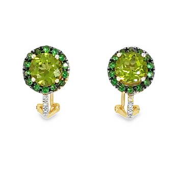 Front view of peridot and tsavorite garnet diamond earrings in 14k yellow gold – HGM Jewelry New Orleans