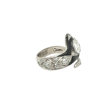 Angled view of Art Deco snake ring with black enamel and diamonds – HGM Jewelry New Orleans