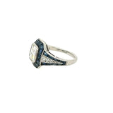 Top view of Art Deco diamond ring featuring blue sapphire accents – handcrafted platinum ring from the 1920s