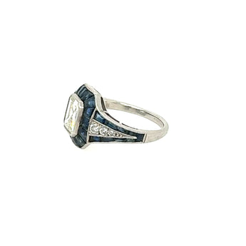 Top view of Art Deco diamond ring featuring blue sapphire accents – handcrafted platinum ring from the 1920s