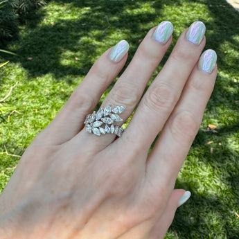 Hand model wearing marquise diamond eternity ring, New Orleans vintage fine jewelry