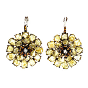 Fancy Yellow Diamond Slice Flower Drop Earrings in 18K White Gold