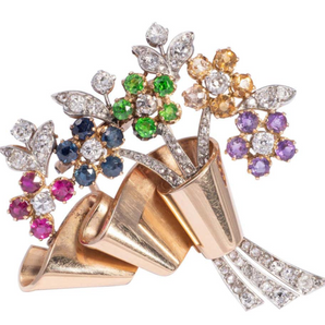 Art Deco flower brooch in 18k yellow gold with diamonds and colorful precious gemstones, circa 1930, vintage New Orleans jewelry style