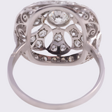 Underside of 1940s Art Deco platinum ring with ornate openwork and antique diamond setting
