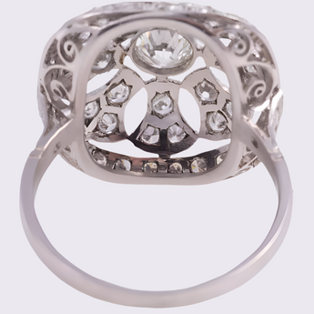 Underside of 1940s Art Deco platinum ring with ornate openwork and antique diamond setting