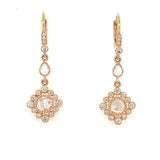 Front view of diamond drop earrings in 18K rose gold, featuring rose-cut diamonds with vintage charm