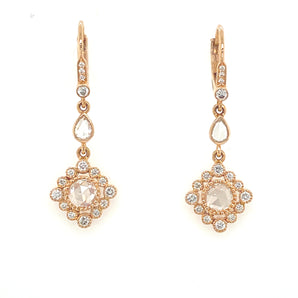 Front view of diamond drop earrings in 18K rose gold, featuring rose-cut diamonds with vintage charm