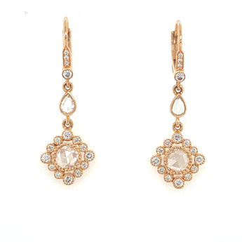Front view of diamond drop earrings in 18K rose gold, featuring rose-cut diamonds with vintage charm